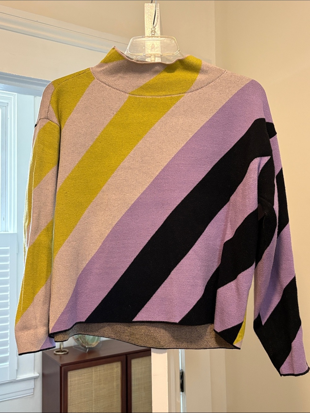 Maeve Diagonal Stripe Cowl Sweater in Lavender, Black & Chartreuse
